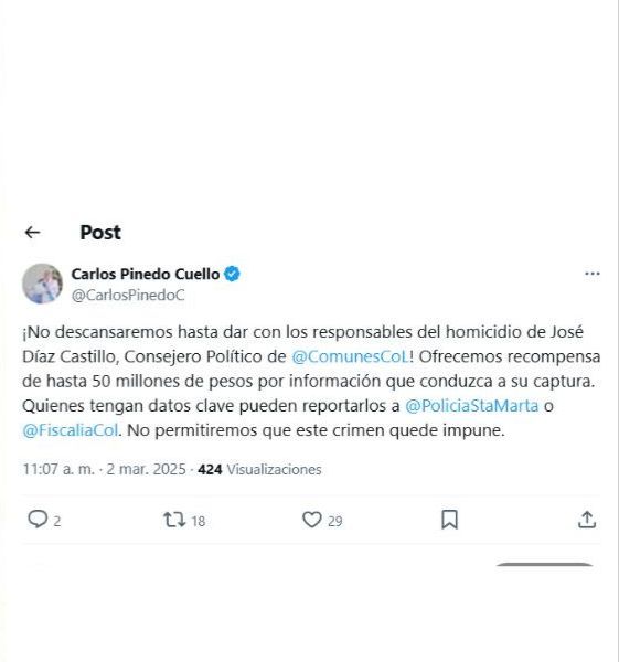 Alcaldía ofreció $50 millones por asesinos de líder político