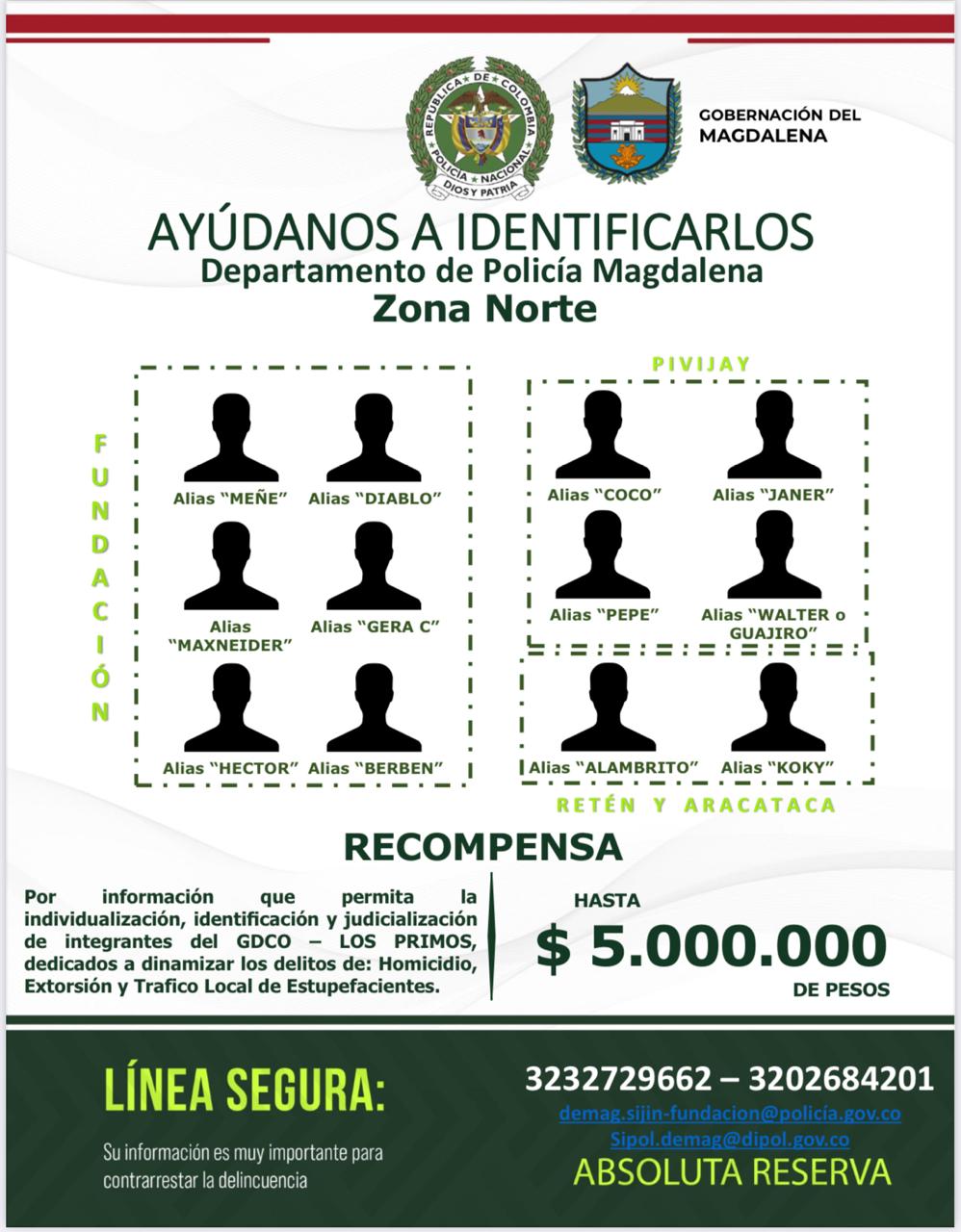 Policía dio a conocer los alias de los 12 más buscados en el Magdalena